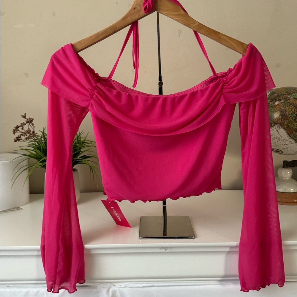 SHEIN Pink Long Sleeve Sheer Top Size M NWOT